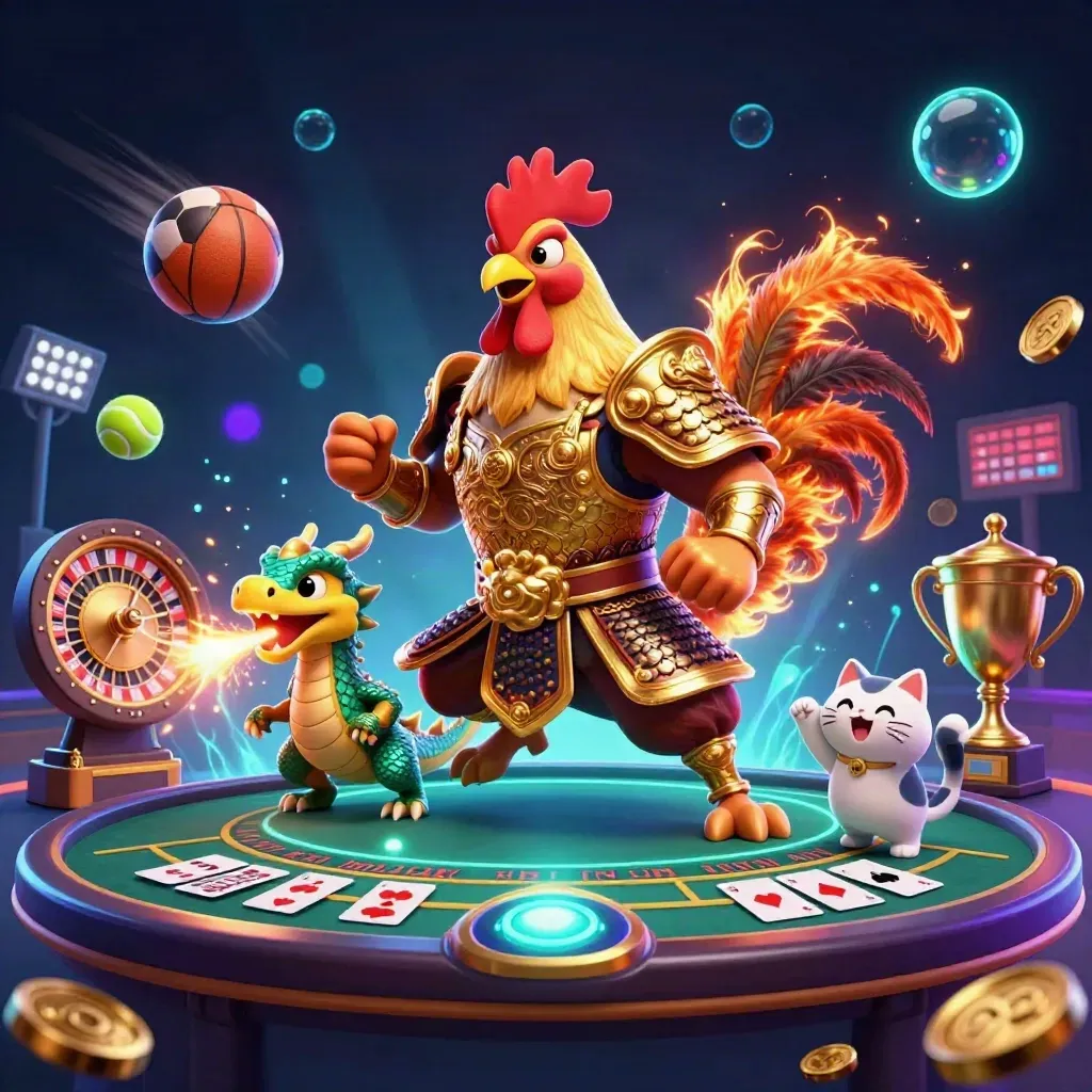 Rooster warrior, dragon hatchling, and fortune cat amid casino trophies, coins, cards, and neon lights.