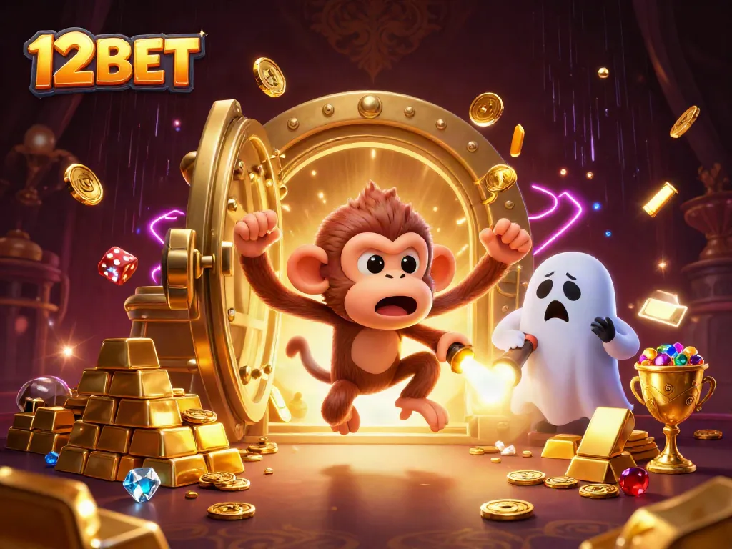 Engage in thrilling gaming at 12BET's haunted casino with a playful monkey and curious puppy.