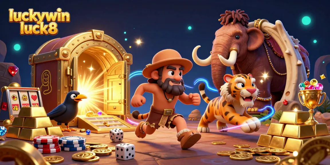 Experience the excitement at luckywin luck8 with a dynamic caveman and sabertooth duo in a vibrant prehistoric casino scene.