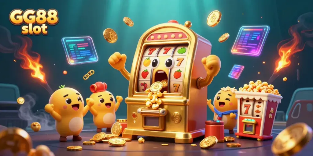 Experience the thrill of GG88 slot with a whimsical golden slot machine winning big!