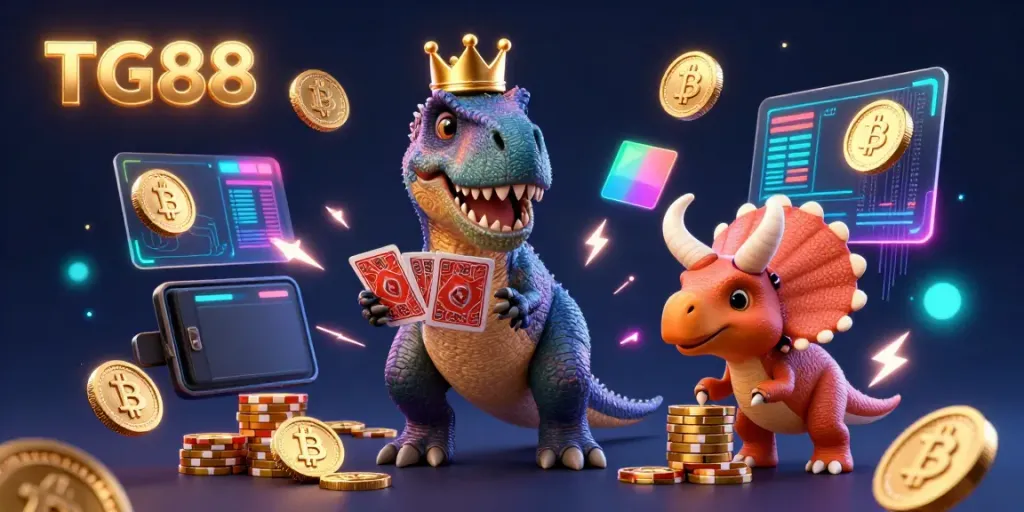 Experience winning with TG88 in a vibrant 3D gambling scene featuring crypto elements and playful dinosaurs.