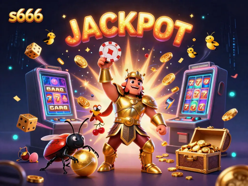 Experience the thrill of winning at s666 casino with a heroic beetle lifting a poker chip amid dazzling symbols.