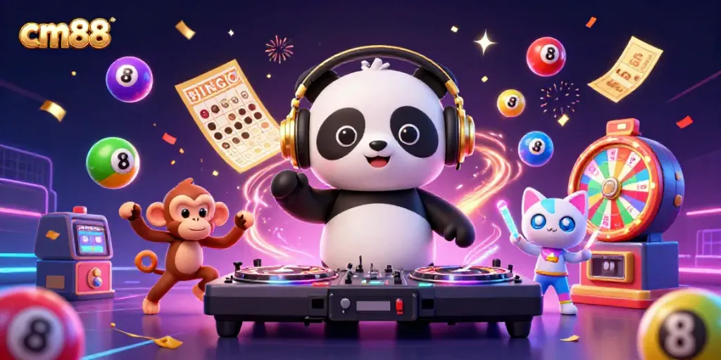 Experience excitement with cm88 as a DJ panda spins, surrounded by vibrant casino elements.