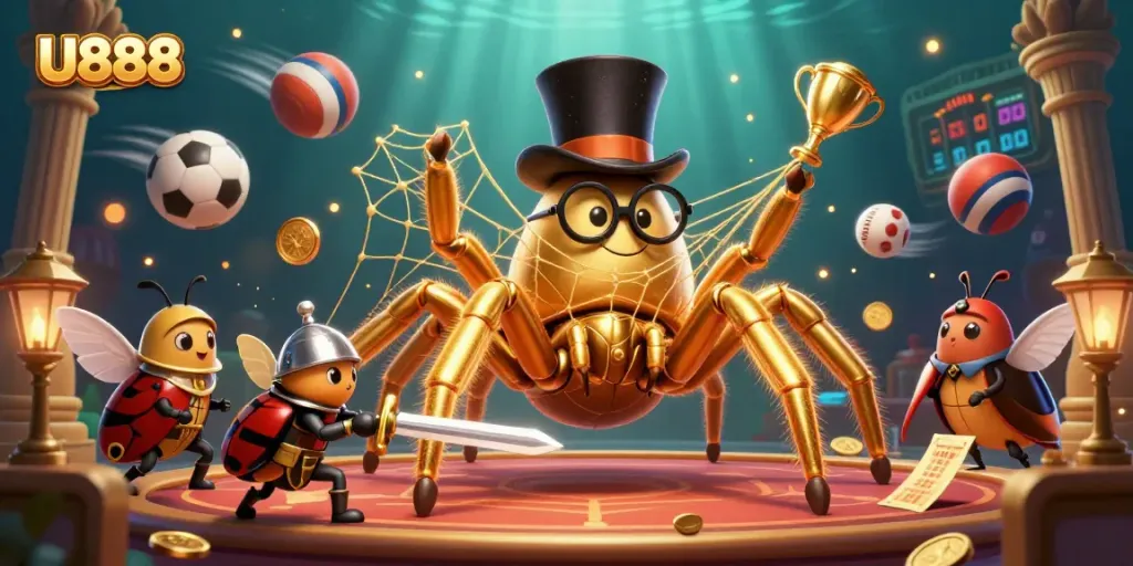 Engage with U888's vibrant casino scene featuring a golden tarantula and beetle knight amidst dynamic sports betting elements.