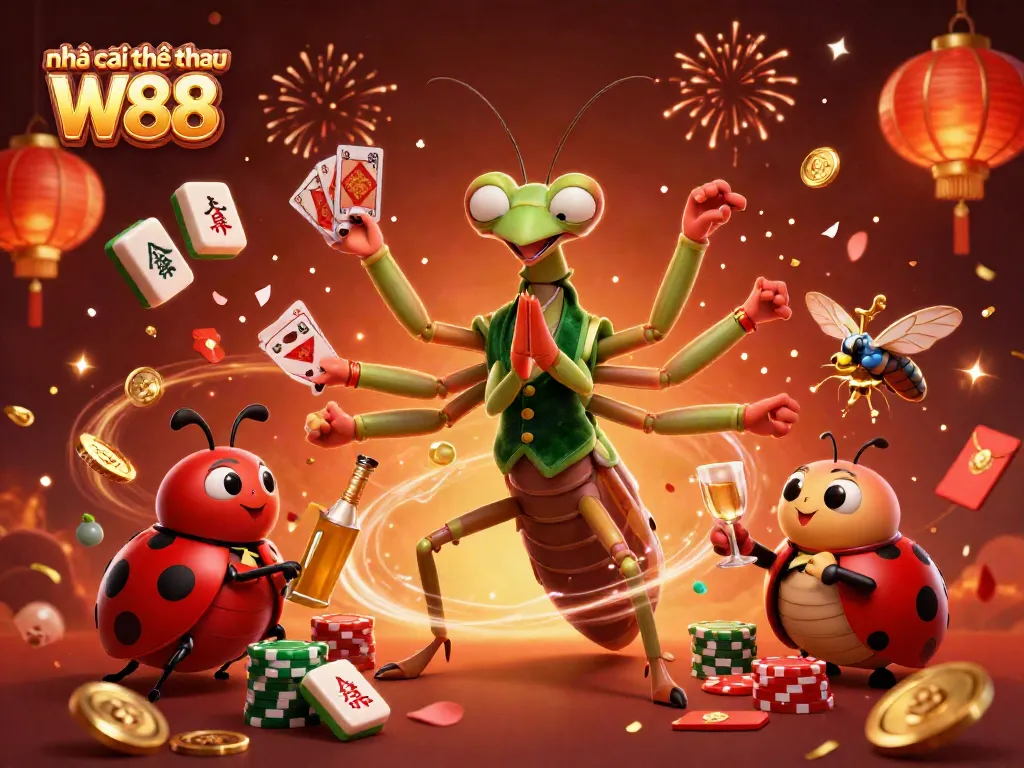Engage with Nhà cái thể thao W88 through our dynamic gaming scene featuring vibrant characters and casino elements!
