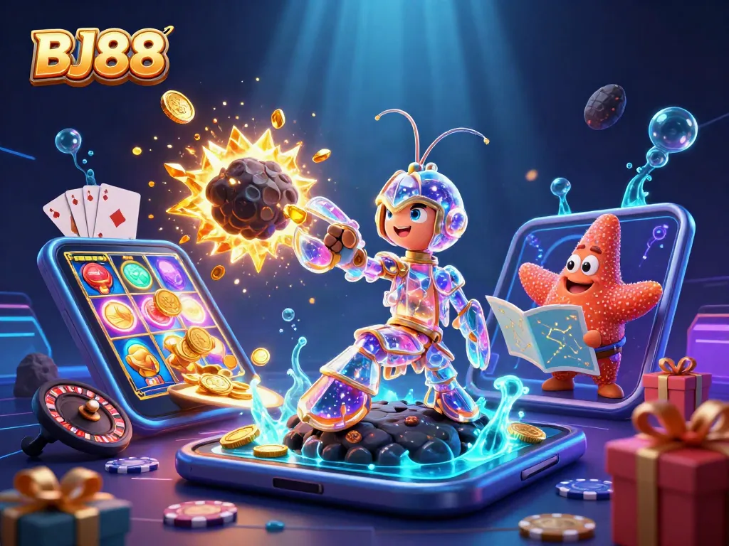 BJ88 showcases an exciting online gaming scene with dynamic characters amidst vibrant casino elements.