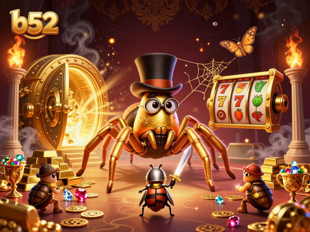 B52-themed casino illustration with a giant tarantula and a beetle knight amidst slot reels and treasures