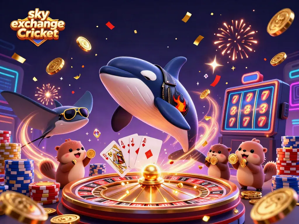 Engage with sky exchange Cricket through vibrant 3D illustration showcasing an orca, stingray, and sea otters amidst casino elements and celebrations.