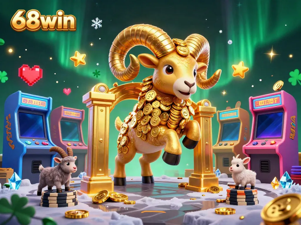 Experience the excitement of 68win with a dynamic illustration featuring a golden ram charging through a casino atmosphere.