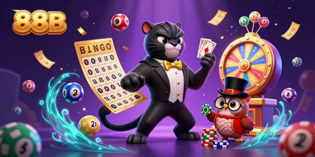 Engaging 88B casino scene featuring a stylish black panther dealer and vibrant games