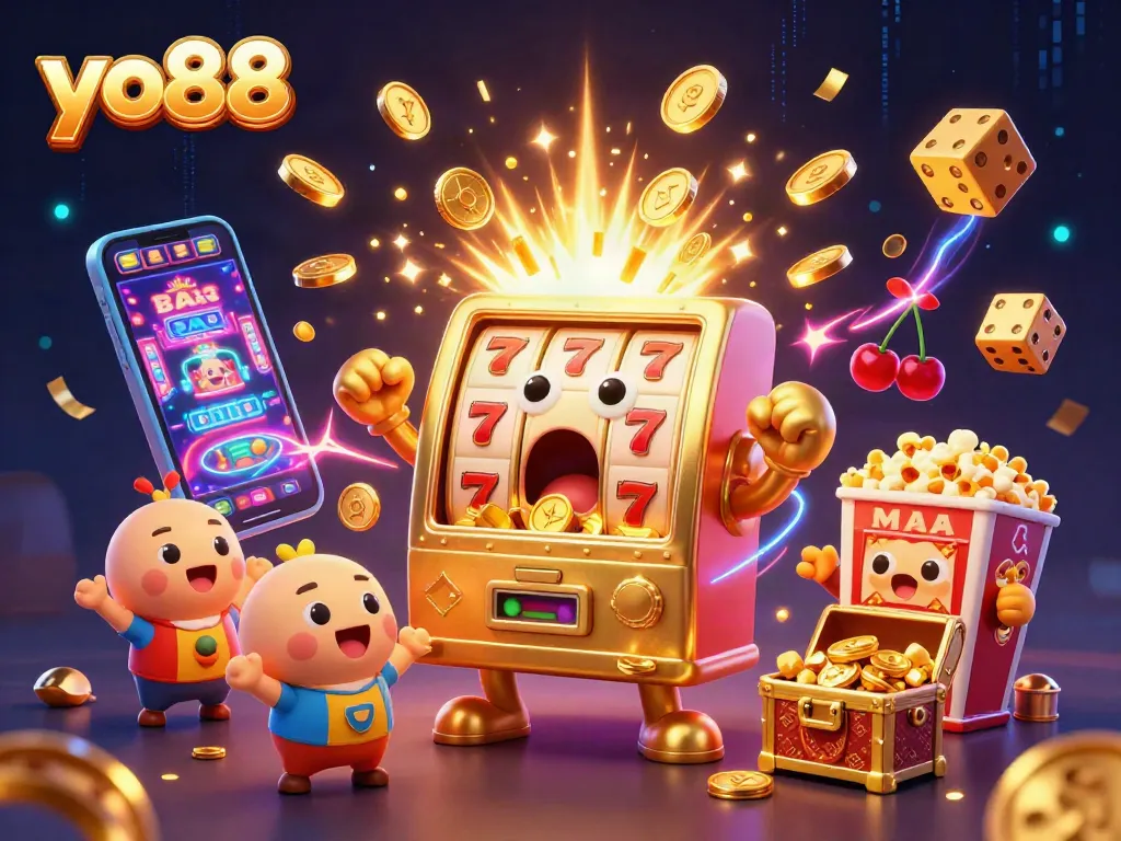 Experience excitement at yo88 with a cartoon slot machine celebrating wins amidst cascading coins and vibrant casino elements.