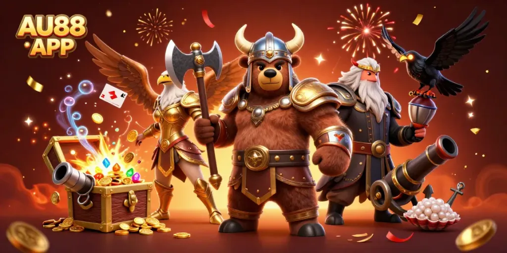 Experience the thrill of AU88 APP with a vibrant 3D illustration featuring an epic Viking bear and Valkyrie in a casino setting.