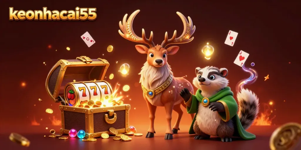Engage in thrilling gameplay with keonhacai55 showcasing a druid stag, floating cards, and vibrant casino elements.