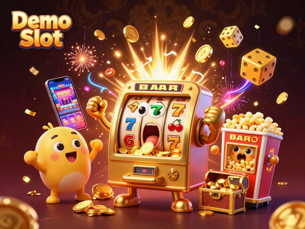 Experience the excitement of Demo Slot with golden slot machines winning jackpots and spinning coins.