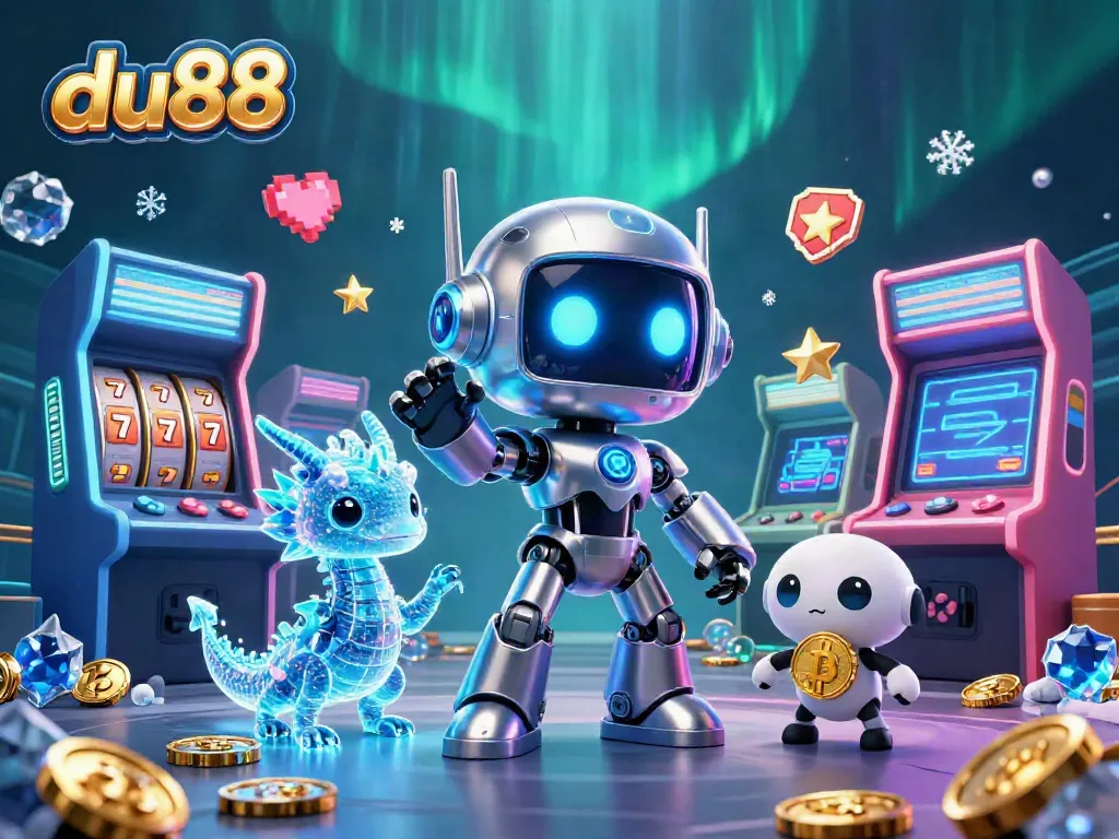 Experience thrilling gaming at du88 with a cyberpunk-themed casino illustration featuring colorful arcade elements and magical creatures.