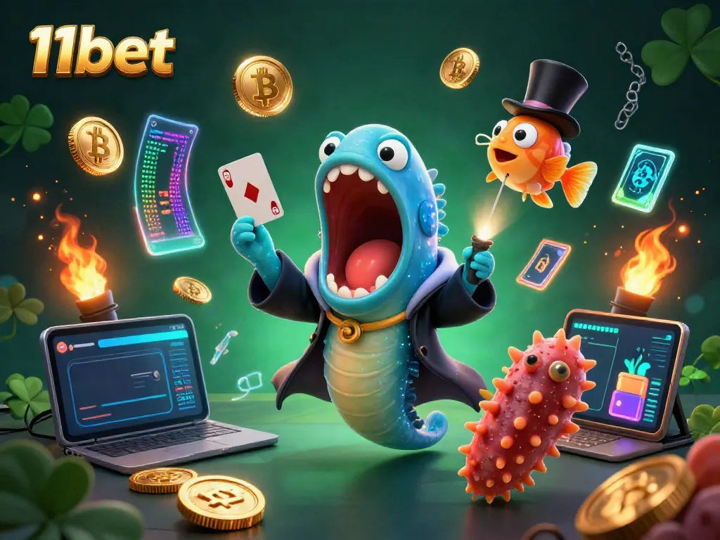 Experience the thrill of 11bet with this vibrant 3D motif showcasing deep-sea creatures and crypto elements in action.