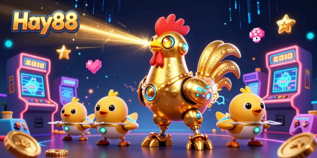Engage with Hay88 through a vibrant 3D illustration featuring a golden rooster robot and baby chick drones.