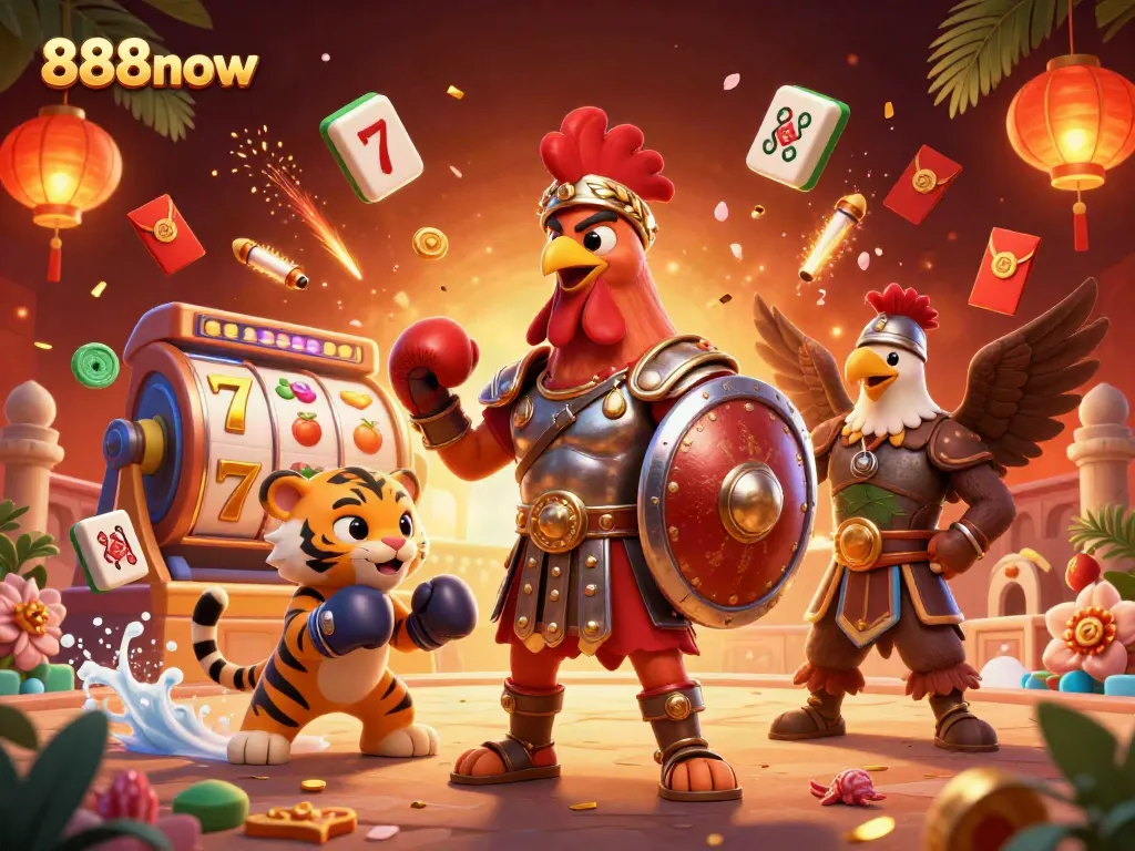 Win big with 888now at the casino featuring a dramatic rooster and tiger scene.