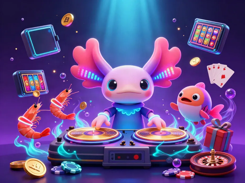 Experience the vibrant energy of mubet's online casino with a neon axolotl DJ and lively creatures amid gaming elements.