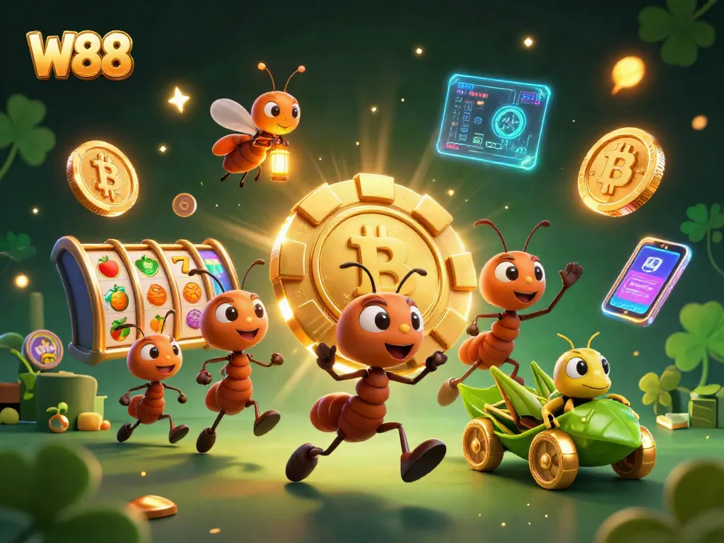 W88 ants carry a golden poker chip in a dynamic casino heist scene filled with vibrant gaming elements