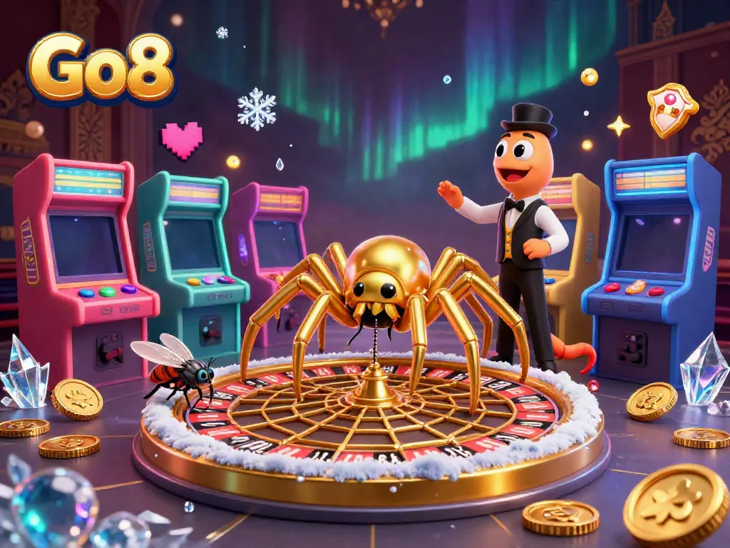 Experience the thrill of Go8 gaming with a manicured casino world featuring golden elements and playful characters.