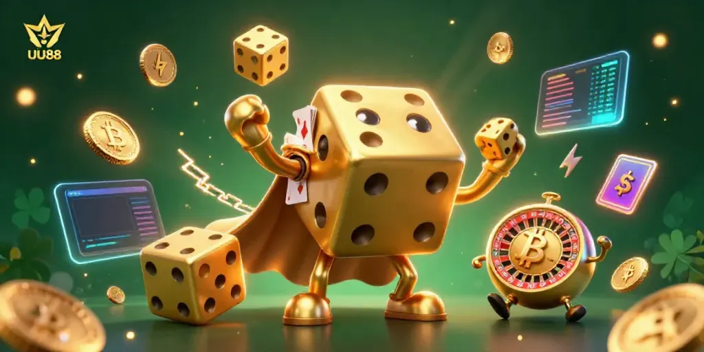 Experience the thrill of UU88's online casino with golden dice and crypto elements in a vibrant illustration.