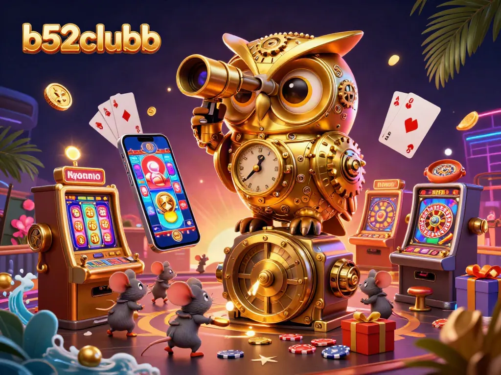 B52clubb showcases a vibrant casino scene with a golden owl and animated characters enjoying slot games.