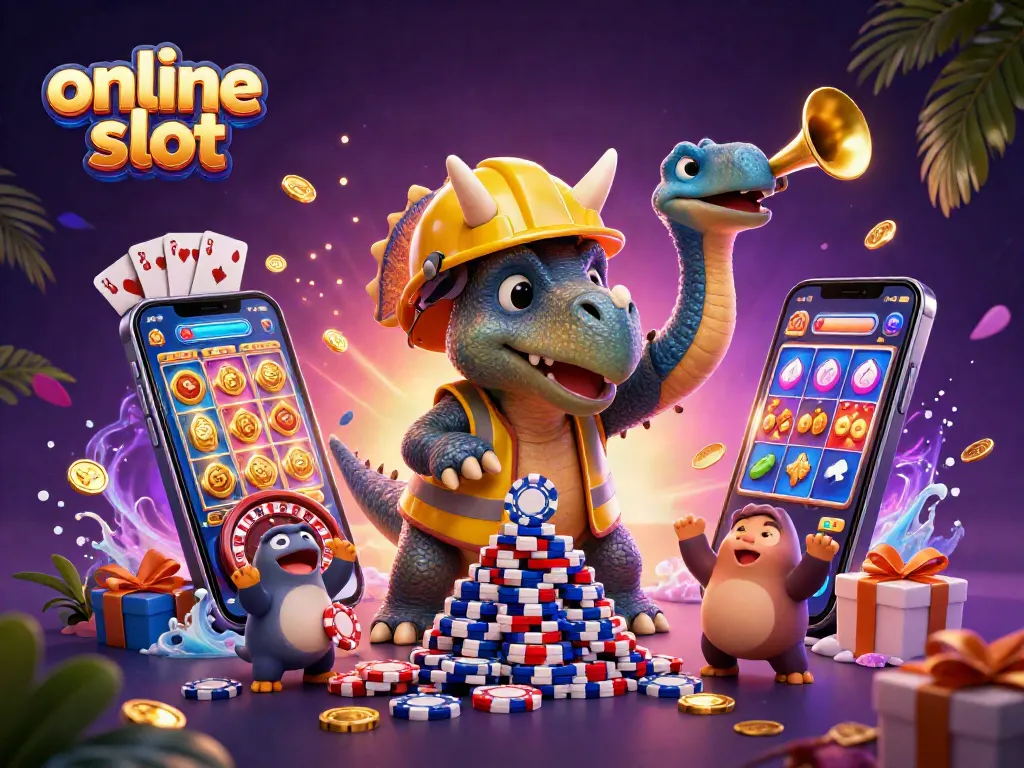 Experience thrilling online slot action with a 3D triceratops, celebrating wins among games and decorations.