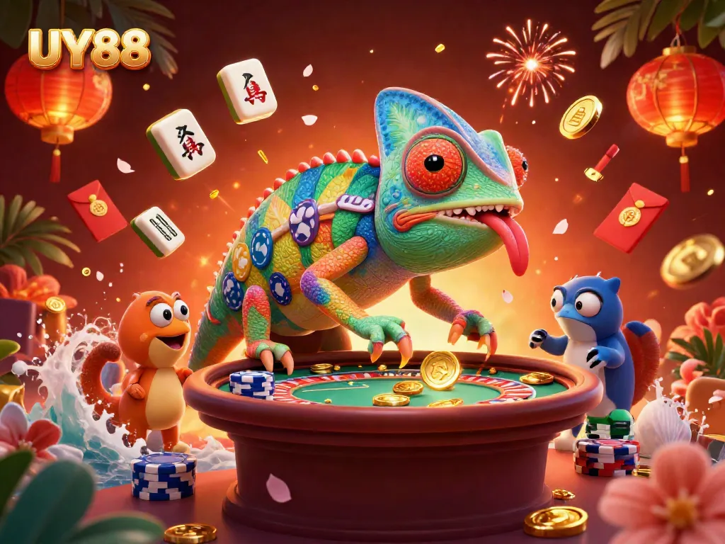 Experience the vibrant online casino scene with UY88 and its festive elements in a captivating 3D illustration.