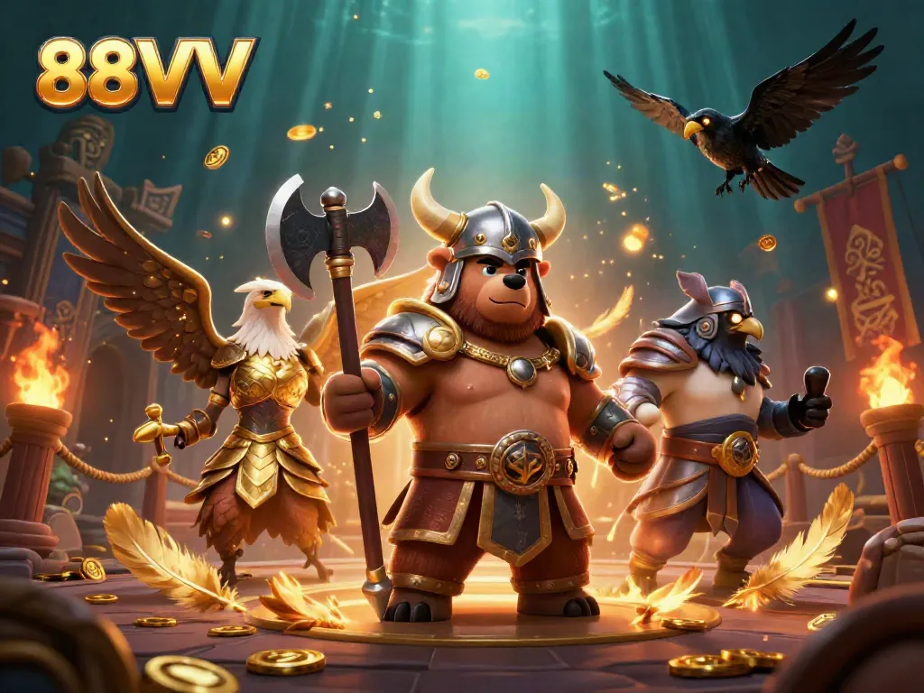 Experience thrilling gaming at 88VV with dynamic characters and vibrant atmosphere in this casino illustration.