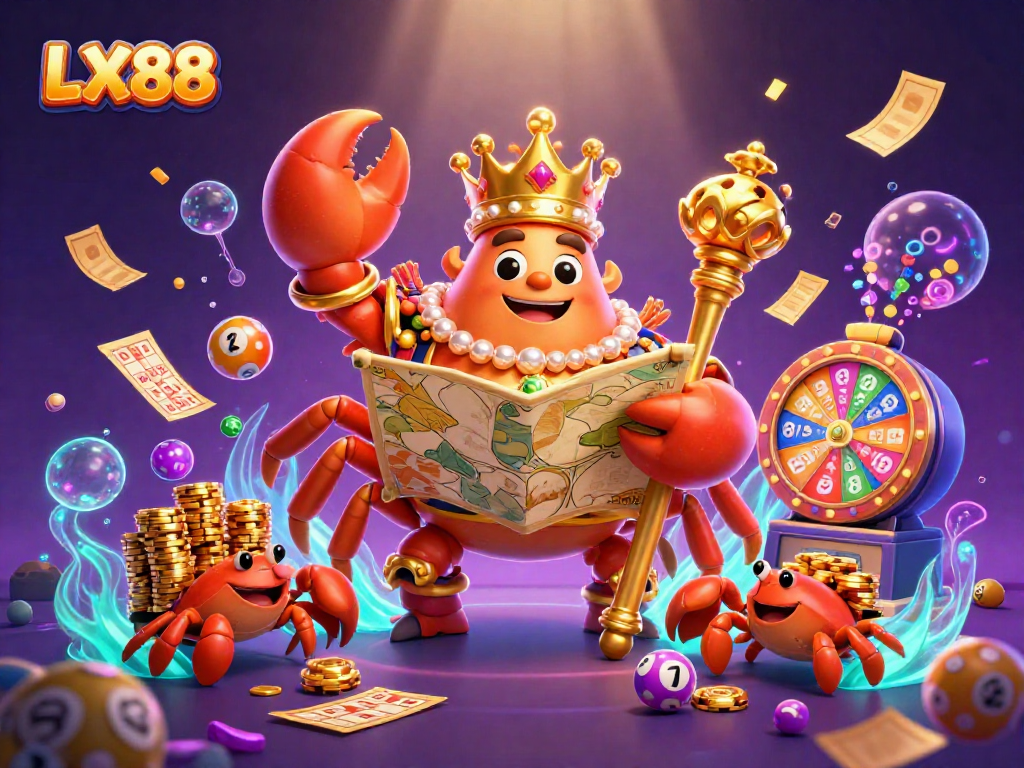 Engage with LX88's vibrant lottery scene featuring a golden crab emperor amidst colorful game elements.