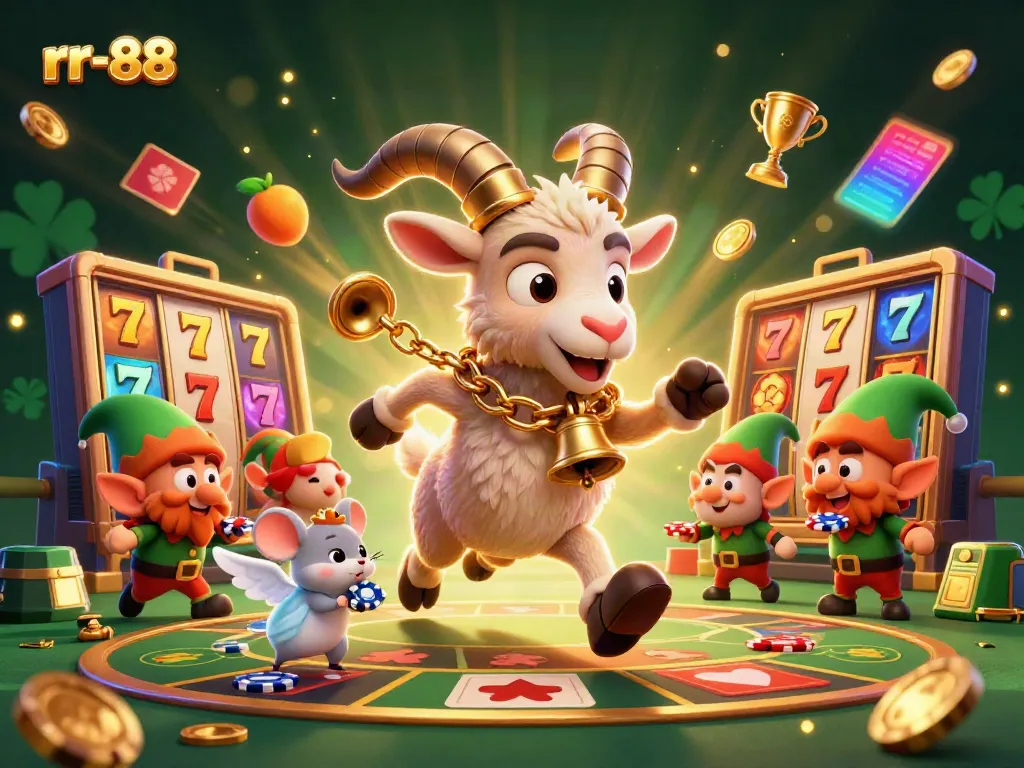 Win big at rr-88 with a lively casino scene featuring Krampus, festive characters, and slot machines.