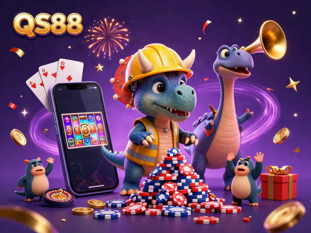 Engaging QS88 casino scene with dynamic characters celebrating around poker chips and colorful slot game elements.