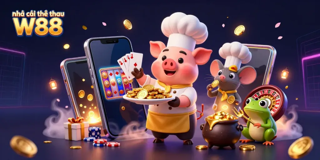 Engage with luxurious gameplay at Nhà cái thể thao W88 featuring a chef pig and his team serving gold coins.
