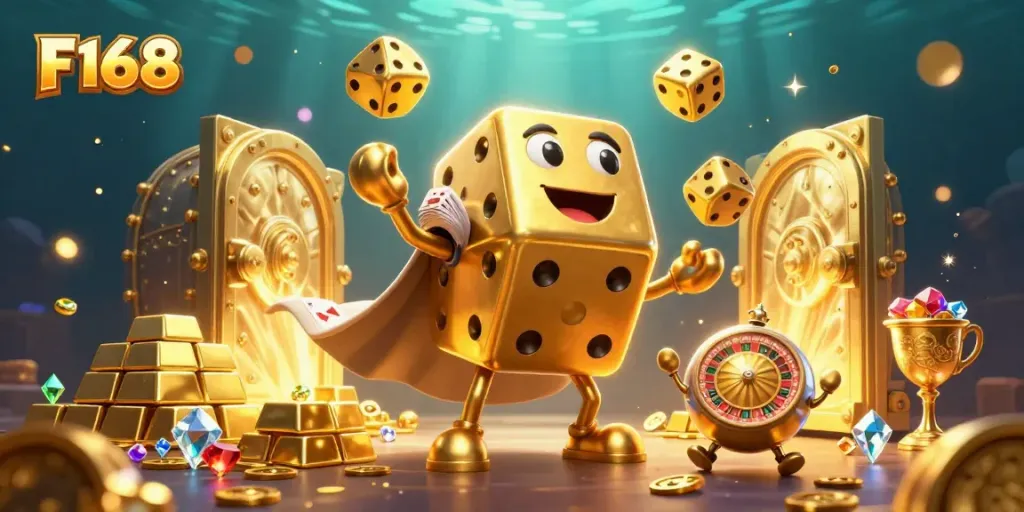 Experience thrilling gameplay with F168 as a golden dice golem juggles excitement in a vibrant casino scene.