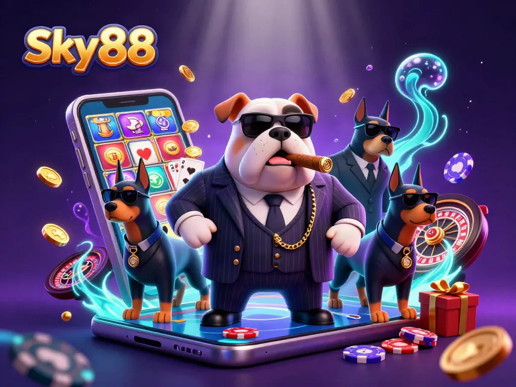 Engage with the Sky88 casino experience featuring a bulldog mafia boss and rich gaming elements.