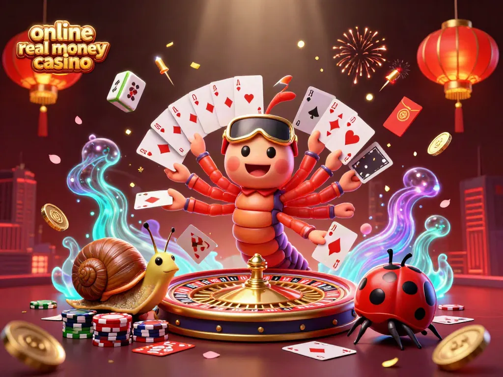 Engage in thrilling action at an online real money casino with animated characters and festive elements.