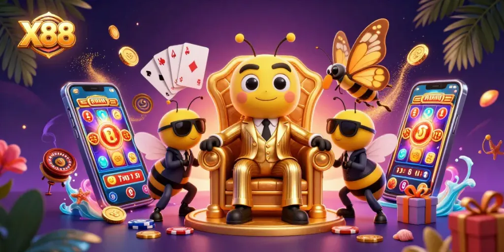 X88 invites players to experience thrilling slot games with a vibrant 3D illustration filled with action.