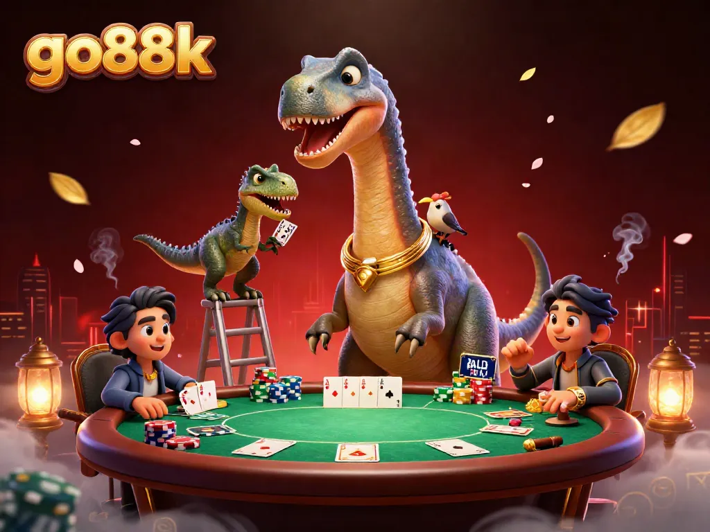 Experience thrilling action with go88k as the brontosaurus watches a raptor deal cards.