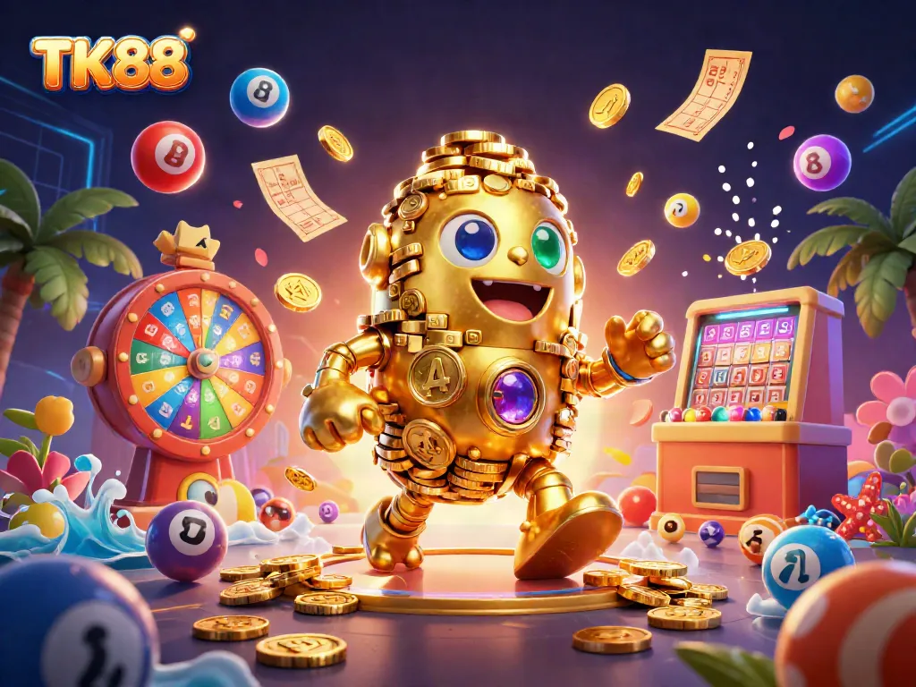 Engage with TK88 in a vibrant 3D casino scene featuring a dynamic golden golem and colorful lotto elements.