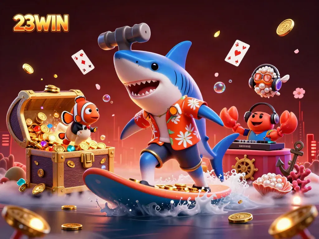Experience the excitement of 23WIN with our vibrant illustration filled with dynamic characters and casino-themed elements.