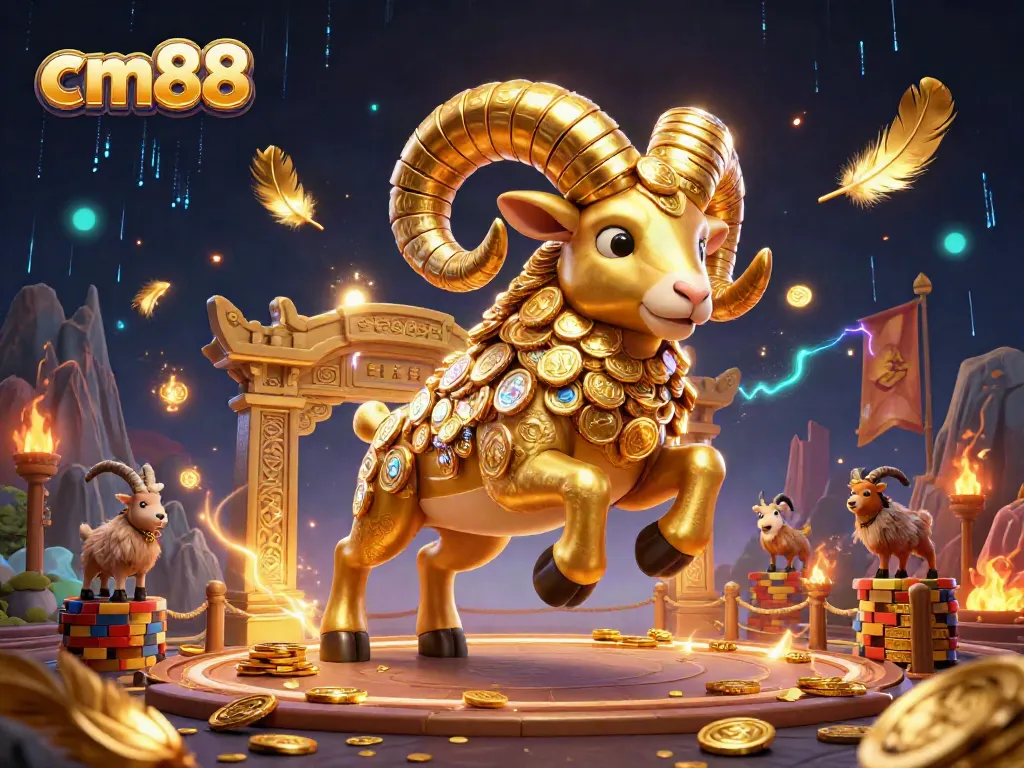Experience thrilling action at cm88 with a golden ram charging through a dynamic casino-themed scene.