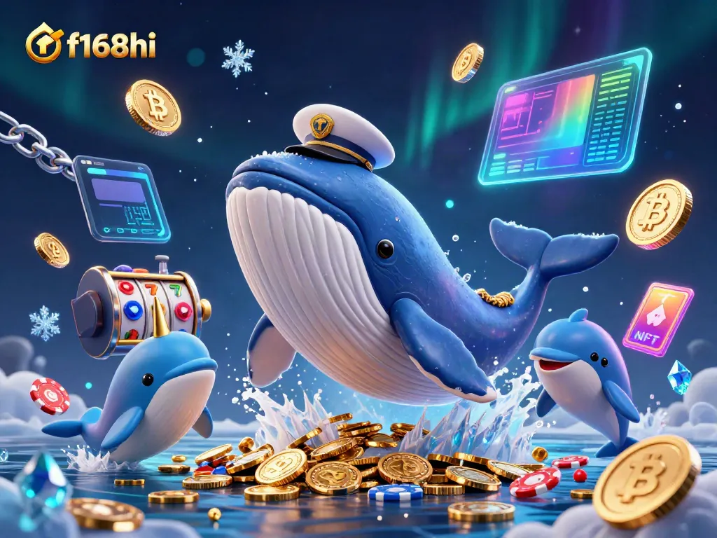 Experience f168hi with a 3D fantasy scene featuring a majestic whale and poker dolphins in a treasure of coins.
