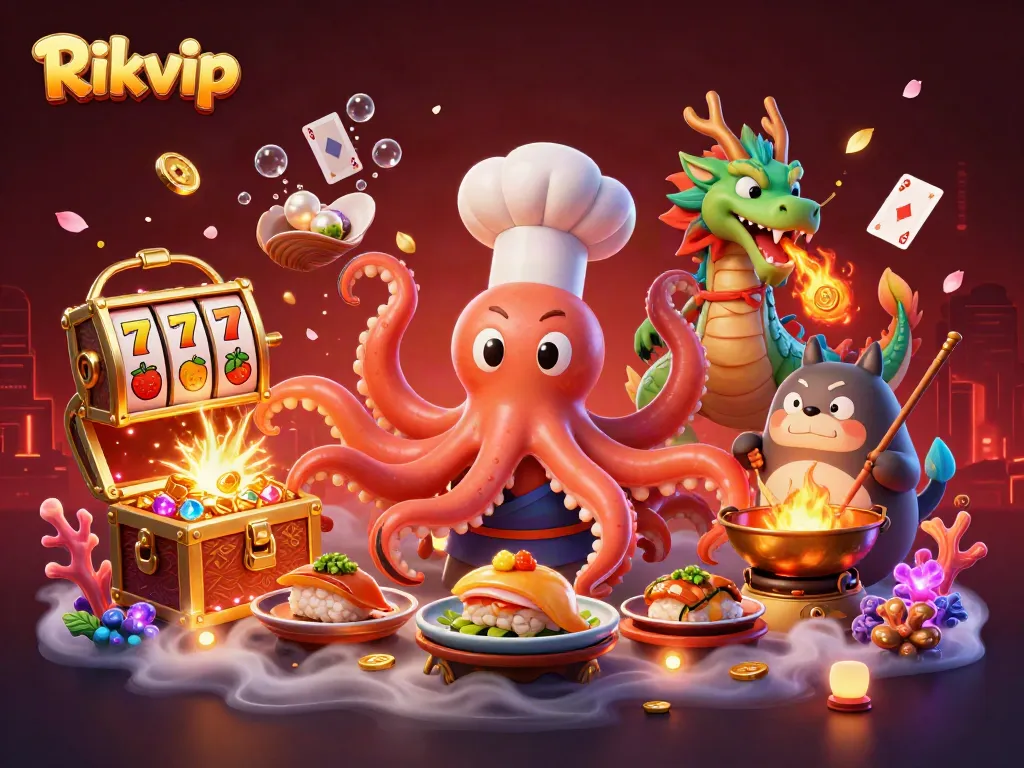 Rikvip casino scene with an octopus chef, dragon, and tanuki amidst gold and vibrant slots.
