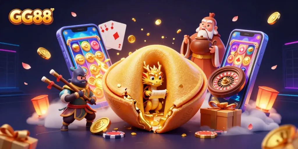 Experience thrilling wins at GG88, where a wise dragon guards secrets within a golden cookie, surrounded by vibrant casino elements.