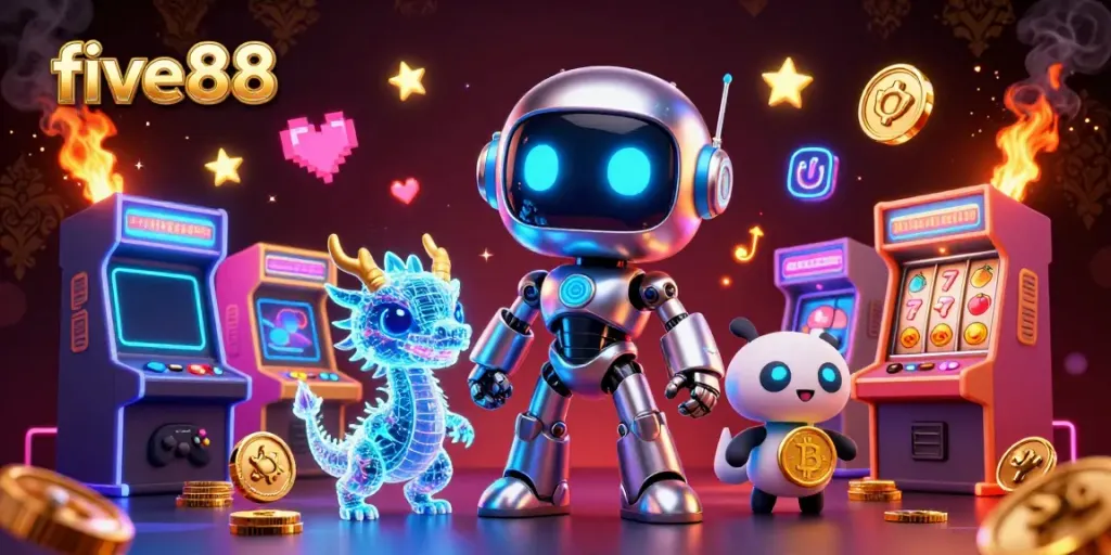 Experience the dynamic world of five88 with a cool cyberpunk robot and holographic dragon amidst vibrant slot machines and gaming elements.