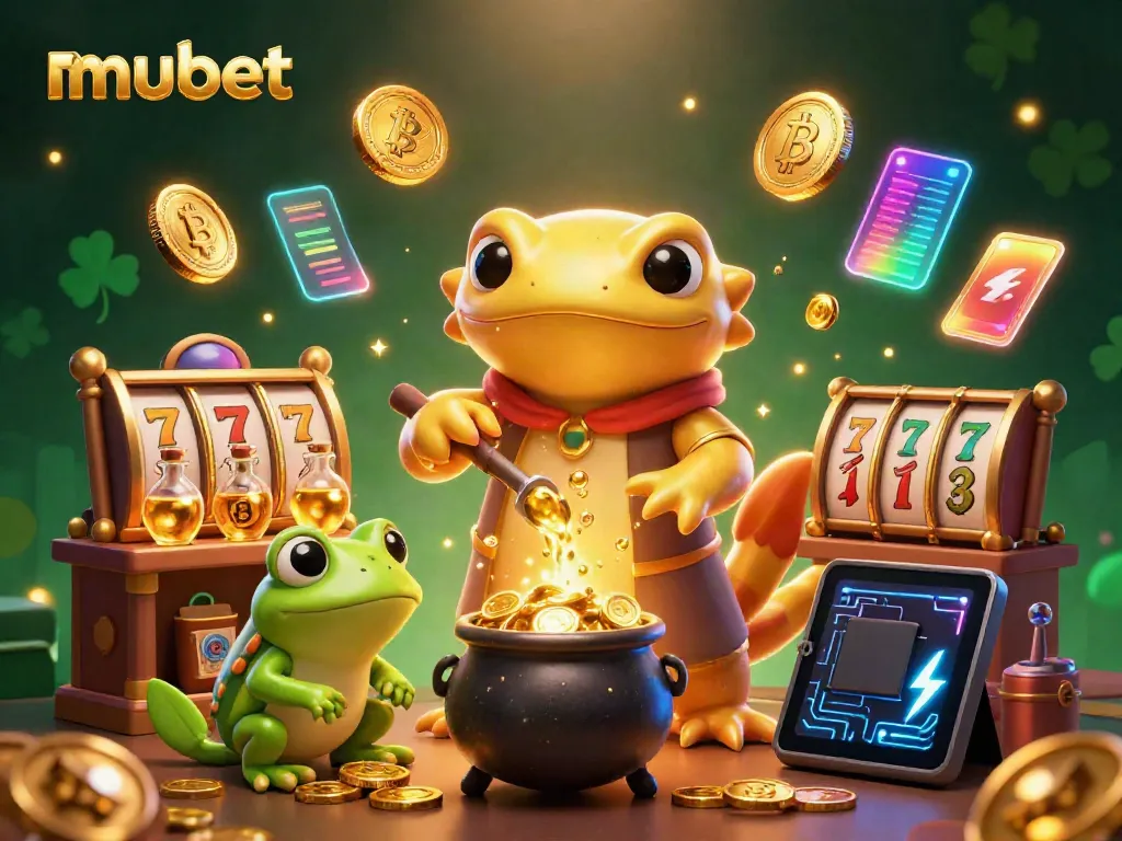 Engage in thrilling slot games with mubet's vibrant 3D fantasy casino illustration featuring golden salamander alchemist.