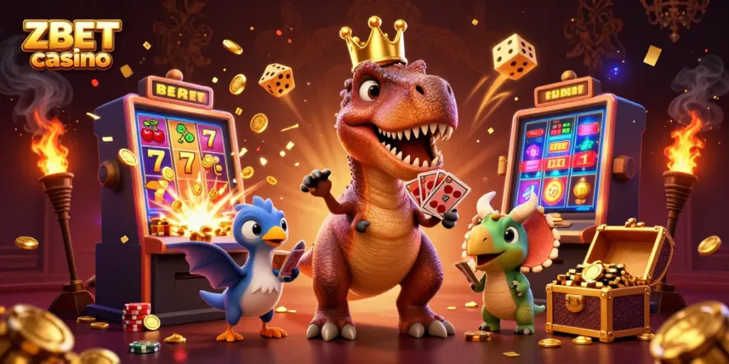 ZBET casino showcases a vibrant scene with playful dinosaur characters engaged in thrilling gambling activities.