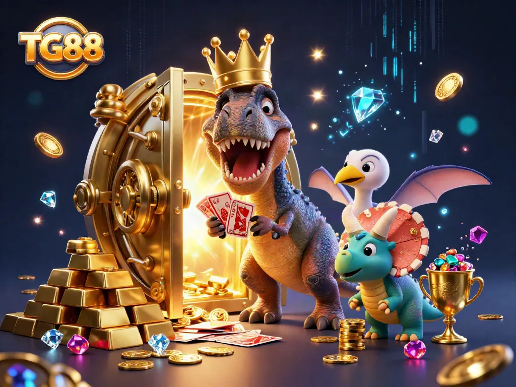 Play with TG88 in this vibrant casino scene featuring T-Rex, pterodactyl, and triceratops surrounded by treasures.