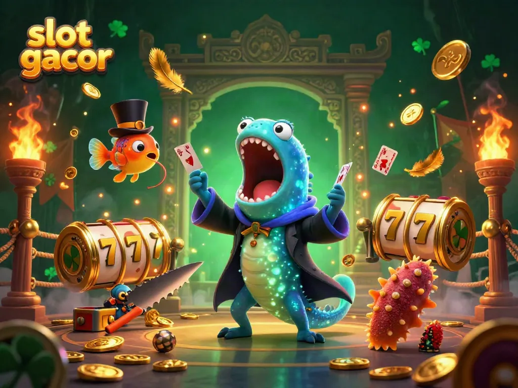 Experience the excitement of slot gacor in an engaging 3D illustration with sea creatures and casino elements.